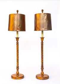 A Pair of Wood Turned Lamps with Copper Shades