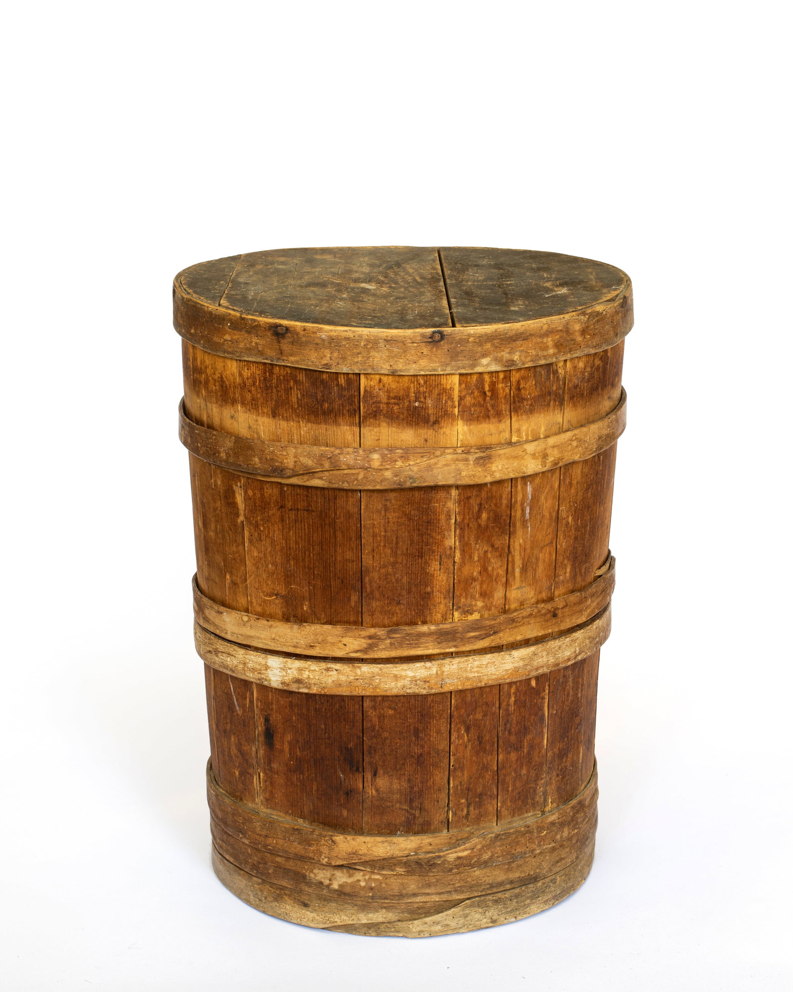 An Antique Lidded Barrel: With five wooden hoops, old worn condition, one board to lid shows movement when not on the barrel, 14" lid diameter and just under 19" tall. 