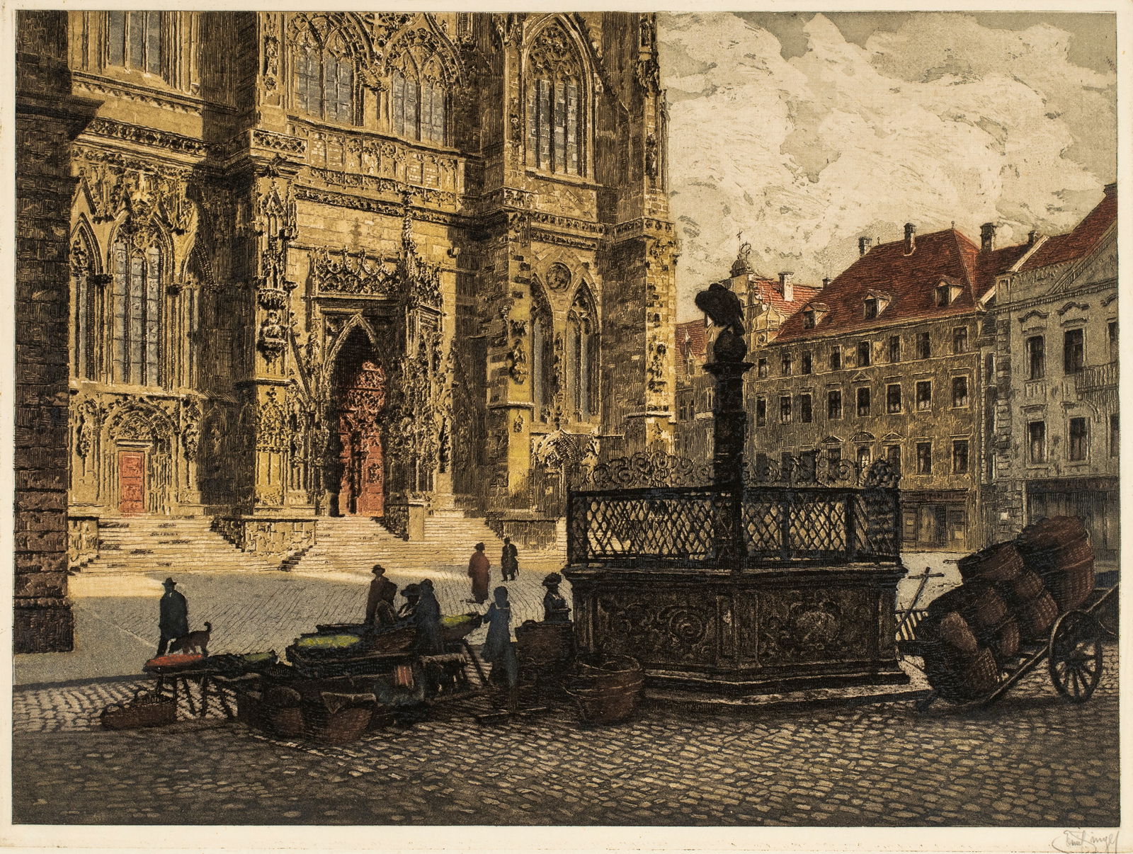 Emil Singer (1881-1942) Church Courtyard, Europe, c.1920: Color aquatint etching, signed lower right. 10" x 13 1/2"