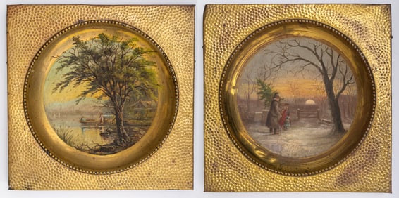 Two Victorian Brass Decorative Painted Folk Art Chimney Flue Covers