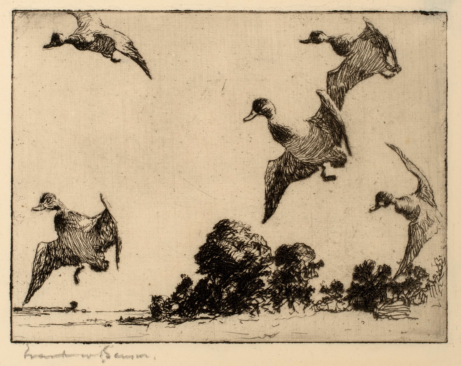 Frank Benson (1862-1951) On Set Wings, 1923: Trial proof early state etching, before the addition of clouds and lines at the shore. This image was later used as a frontispiece for Volume III of the Paff catalog. 4 1/2" x 5 7/8". Refere