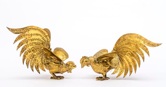 A Pair of Mid Century Brass Fighting Roosters
