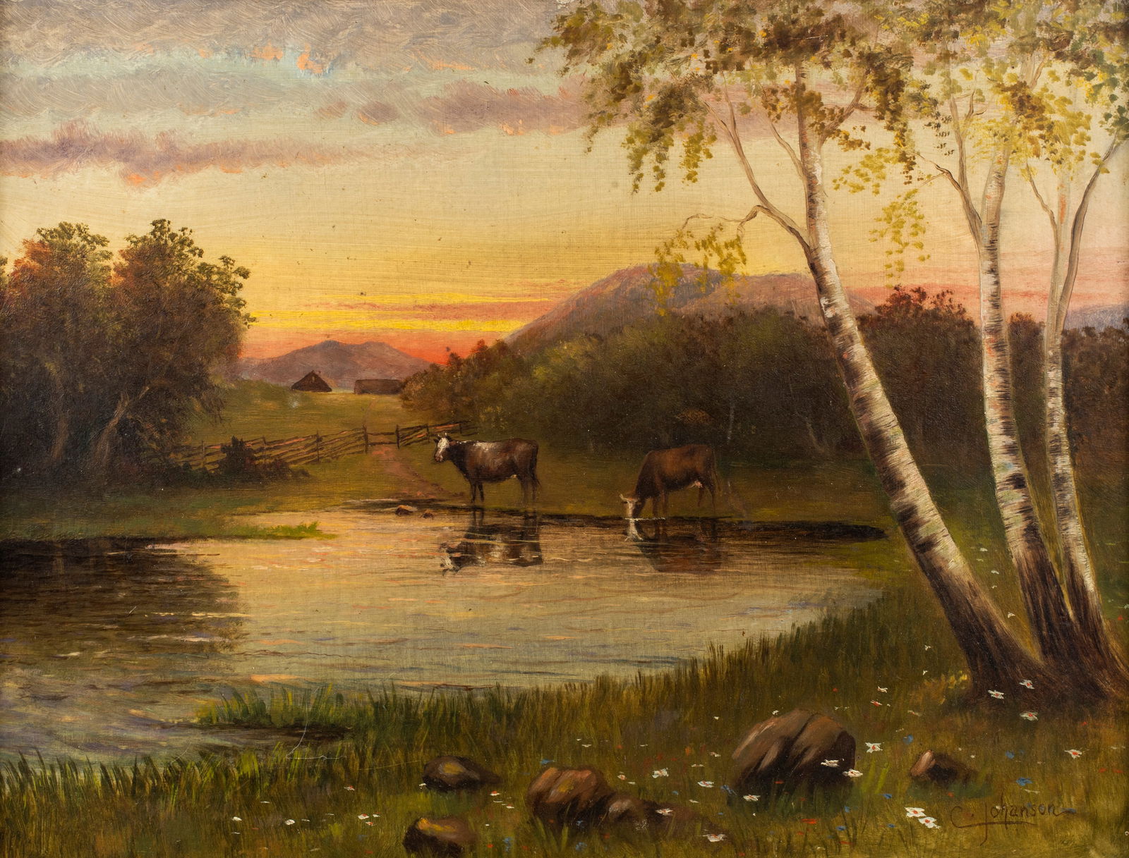 [American School] Cows Watering, Antique Painting (1 of 7)