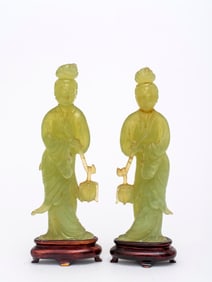 A Pair of  Carved Jade Guanyin Figures