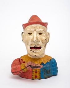 Vintage Painted Metal Mechanical Jester Coin Bank