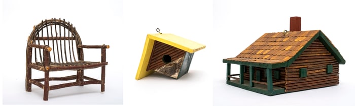 Two Folk Art Log Cabin Bird Houses and Mini Adirondack Bench