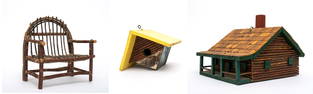 Two Folk Art Log Cabin Bird Houses and Mini Adirondack Bench