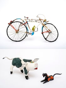 Mexican Folk Art Painted Pig and Dog and French Found Art Bicycle