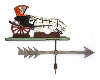 A Folk Art Painted Wood Horse and Carriage Weathervane