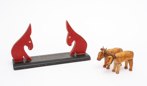 Folk Art Red Donkey Book Holder and Pair of Carved Oxen