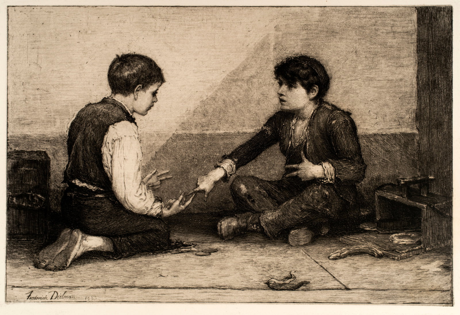 Frederick Dielman (1847-1935) The Mora Players: Etching, signed and dated in the plate, lower left. 6 1/4" x 9 1/2"