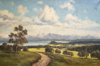 Decorative Landscape Painting, W.T. Burber Co. 1960's, signed Ewert