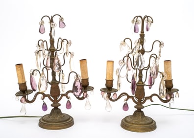 An Antique Pair of French Girandole Brass and Crystal Table Lamps