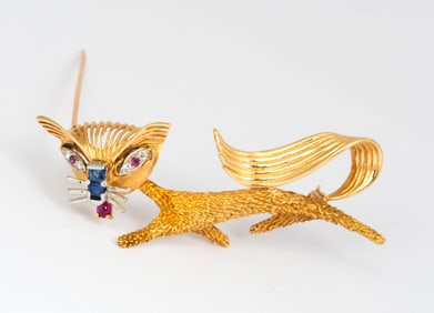 A Retro 14K Gold and Gemstone Cat Brooch