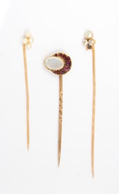 Three Antique Gold Stick Pins with Moonstone, Diamonds and Pearls