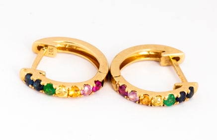 14K Gold and Rainbow Gemstone Hoop Earrings