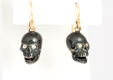 Silver, Diamond and Gold Momento Mori Drop Earrings