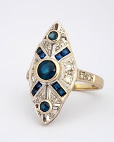 A Vintage 14K White Gold Sapphire and Diamond Shield Ring