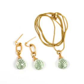 Estate 14K Gold and Prasiolite (Green Amethyst) Earring and Necklace Set