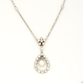 14K White Gold, Diamond and Pearl Drop Necklace