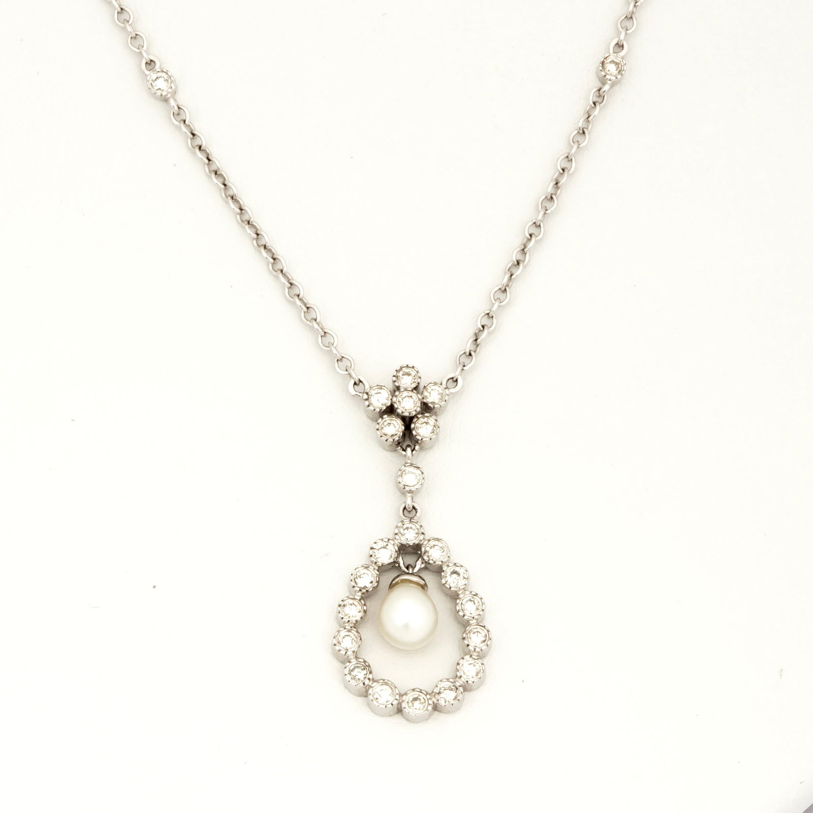 14K White Gold, Diamond and Pearl Drop Necklace (1 of 14)