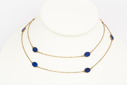 A Vintage 14K Gold and Lapis Station Necklace