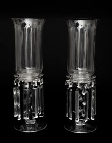A Pair of Vintage Glass and Crystal Candlesticks with Hurricanes