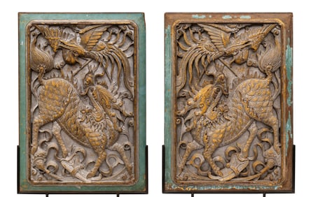 A Pair of 19th Century Javanese Carved Panels, Kirin and Phoenix, Ethnically Chinese Cirebon,