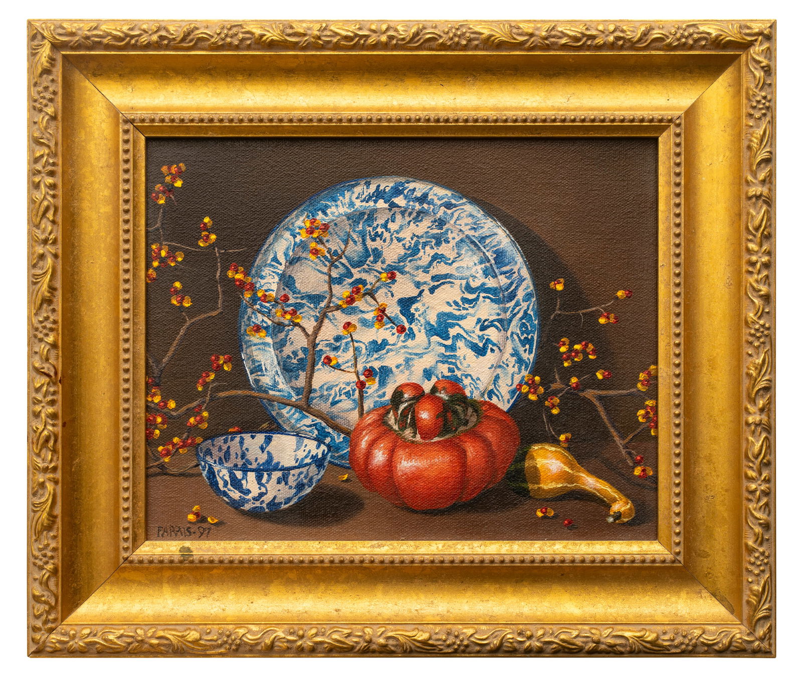 Robert H. Farris Jr. (b.1954) Autumnal Still Life Painting: Oil on canvas board, signed and dated lower left. 7 1/2" x 9 1/2", in nice gold painted frame, 11 1/2" x 13 3/4". With label from WBGH/Channel 2 silent auction, early 2000