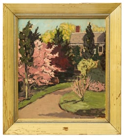 Antique New England Landscape with House, Signed Henderson
