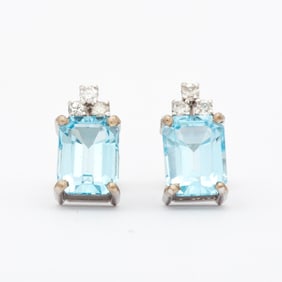 Estate Emerald Cut Topaz and Diamond Earrings in 14K White Gold