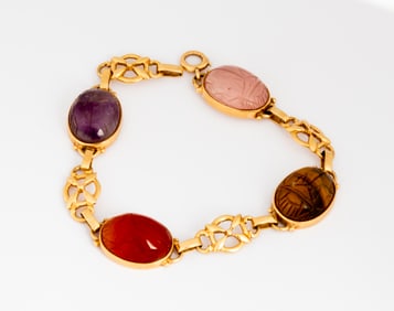 A Vintage 14K Gold and Gemstone Scarab Bracelet