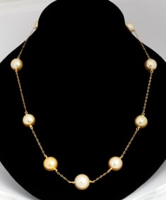 A Champagne South Sea Pearls and 10K Gold Station Necklace