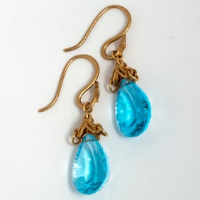 Estate Designer 14K Gold and Large Topaz Drop Earrings