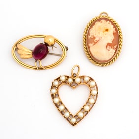 A 14K Gold Heart Pearl Pendant and Two Gold Filled Brooches