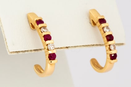 Estate 14K Gold Diamond and Ruby Hoop Earrings