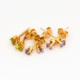 Three Pairs of 14K Gold Gemstone Stud Earrings