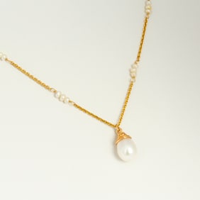 14K Gold and Pearl Station Necklace