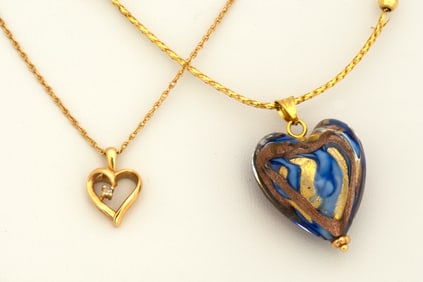 Two Vintage 14K Gold Heart Necklaces