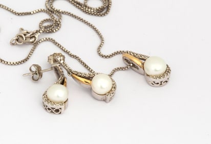 A Sterling Silver, 14K Gold, Diamond and Pearl Earring and Necklace Set
