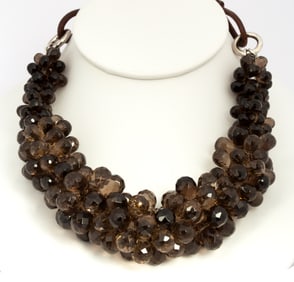 Designer Brunello Cucinelli Smoky Topaz, Leather and Sterling Silver Necklace