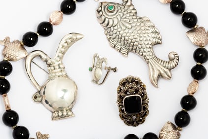 A Group of Silver, Onyx, Turquoise and Marcasite Jewelry