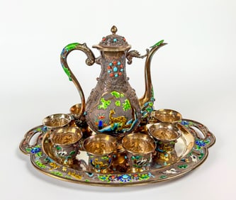 Chinese Export Gilt Silver, Enamel and Gemstone Tea Set