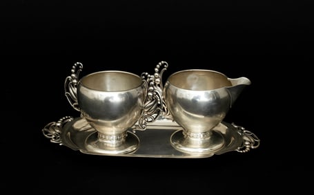 Webster Co. Art Nouveau Style Sterling Silver Open Creamer and Sugar Tray Set