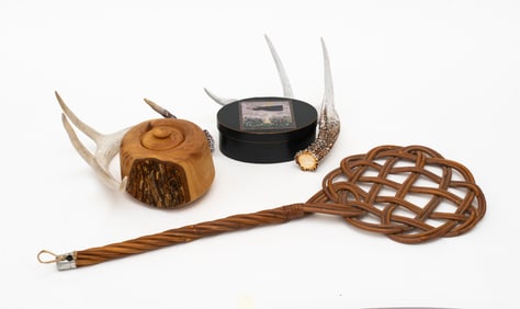 A Pair of Antlers, Turned Wood Jar, Rug Beater and Painted Box