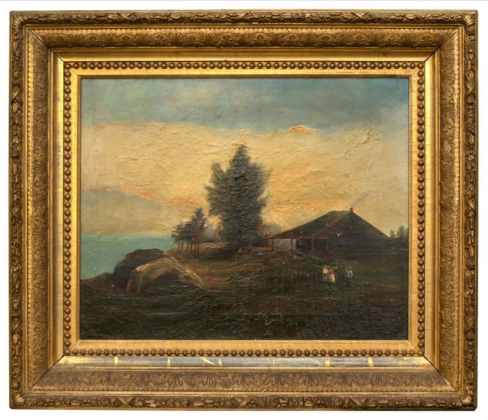 John Joseph Enneking (1841 - 1916) Maine or Hudson River Landscape Painting: Oil on canvas, signed lower right. 15 1/2" x 19 1/2", elaborate antique gilt frame 23 1/2" x 27 1/2". Serious condition issues to the surface, with extensiv