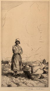 William Lee Hankey (1869-1952) Girl of the Fields: Etching, pencil signed and inscribed, with artist&#39;s monogram in the plate and artist&#39;s monogram blindstamp lower left. 9 1/4&quot; x 5&quot;, sheet size 12&quot; x 8&quot;