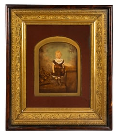 Antique Hand Tinted Framed Portrait of Child in Elaborate Frame within a Frame
