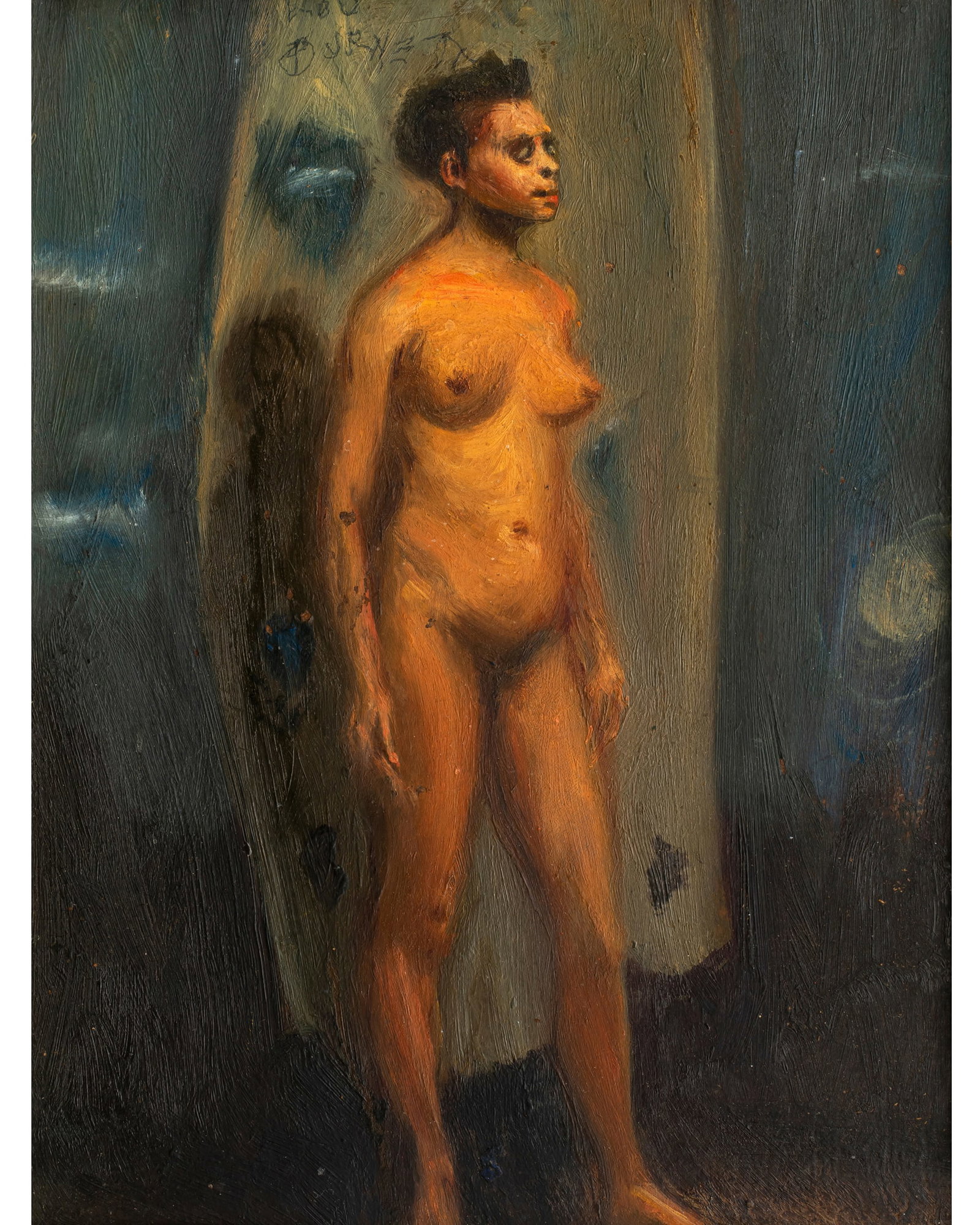 Lou Burnett (1907-1999) Rockport, MA, Standing Nude, Oil on Masonite, 1960's: Oil on masonite, signed top left. 8 1/4” x 6 3/8”, framed to 13 1/4” x 11 1/4”. With 1960’s Rockport Art Association 3-part exhibition label stapled to reverse of frame, 