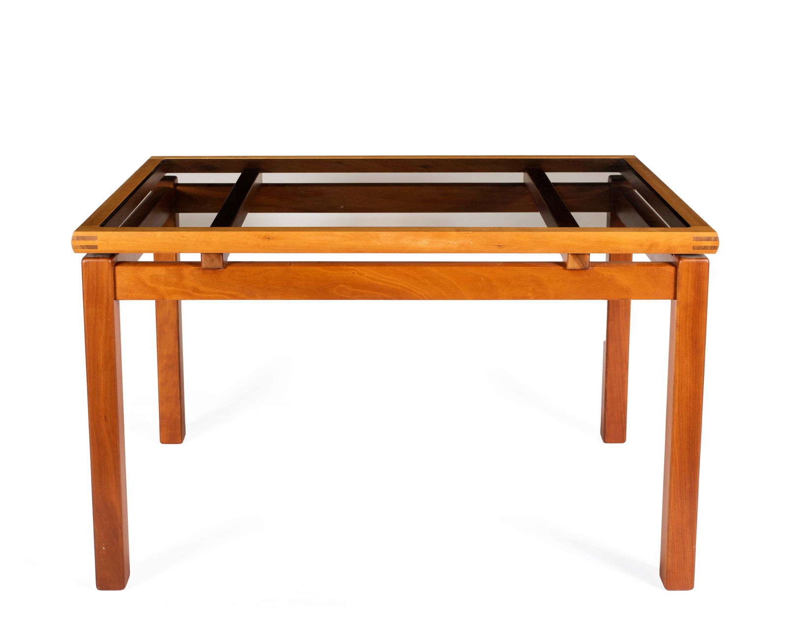 A NH Artisan Glass Top Side Table: Finely made with two woods and a grey brown tinted glass inset top, 35 7/8" x 23 7/8" x 21 7/8", in fine condition with little wear present. 